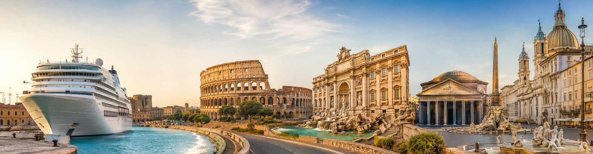Cruise ship at Civitavecchia Port with Rome landmarks including the Colosseum, Trevi Fountain and Pantheon